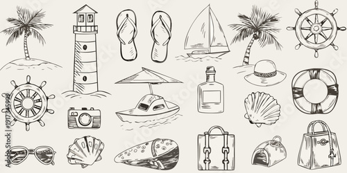 Hand drawn summer vacation themed doodles with nautical and tropical elements