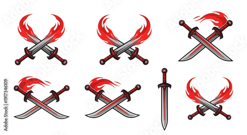 Flaming Swords Logo Collection - Fantasy Weapon Badges & Emblems