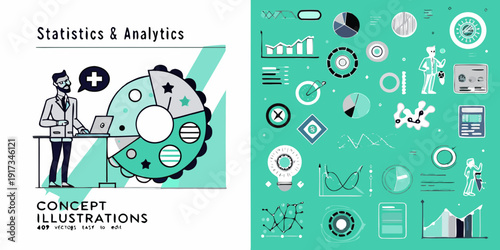 Statistics and analytics concept illustration with charts graphs and a businessman