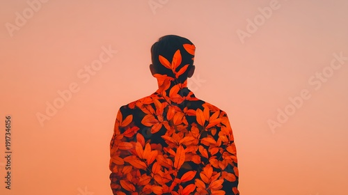 A silhouette of a person with a vibrant red leaf pattern overlay against a soft orange background, blending human form with nature.