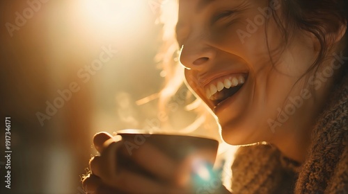 Woman enjoys warm beverage on a cozy morning with a happy smile and steam rising