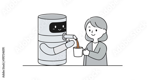 A smiling woman receives a cup of coffee from a helpful robot in a modern office setting with a clean and minimalist background.