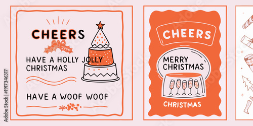 Festive christmas cards with cheerful greetings and playful illustrations