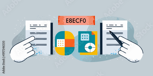 Hands pointing to documents and a colorful abstract design