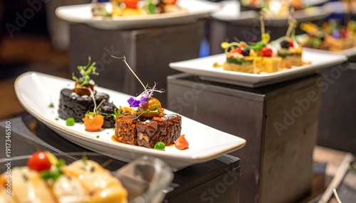 A selection of gourmet dishes on white plates