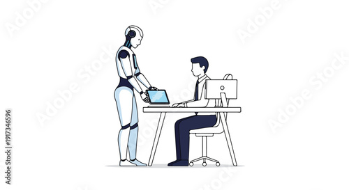 A robot helper assisting a businessman in an office setting with a laptop and monitor on a desk.