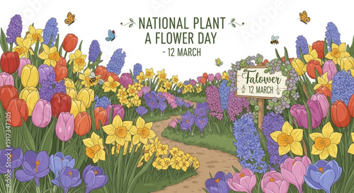 Vibrant spring garden with tulips daffodils and flowers on national plant a flower day march 12 with a winding path and butterflies