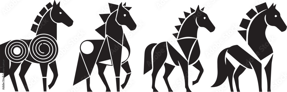 Obraz premium Black geometric horse silhouettes in various poses horses white