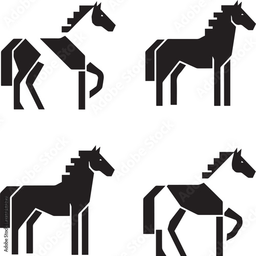 Black geometric horse silhouettes on white background