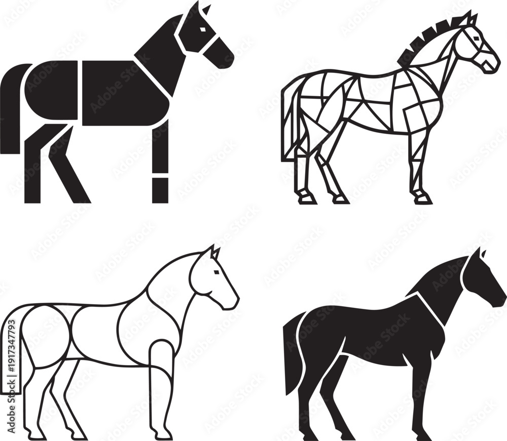 Fototapeta premium Four stylized horse silhouettes in black and white horses