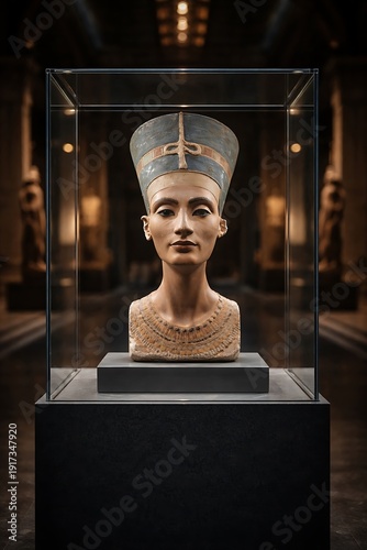 Iconic Queen Nefertiti Bust Ancient Egyptian Artifact in Museum Display Case