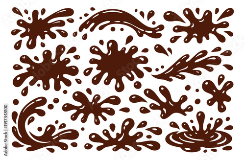 Cartoon style liquid splash set featuring chocolate drops and puddles for food and beverage design