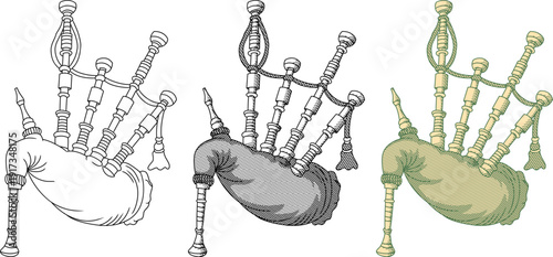 set of traditional Great Britain musical instruments, specifically the Scottish bagpipes.vintage etching style.Perfect for Celtic culture, Scottish heritage, and music history themes.