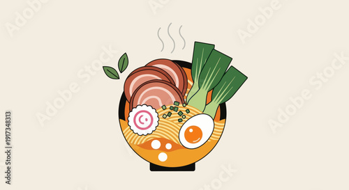 Illustrated ramen bowl with various toppings