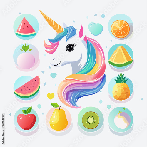 A fantasy unicorn with rainbow mane and golden horn surrounded by fruits in a whimsical setting
