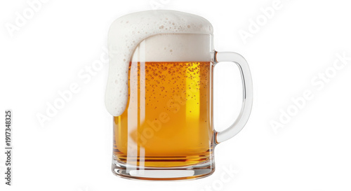 A glass mug of beer with foam on transparent background isolated