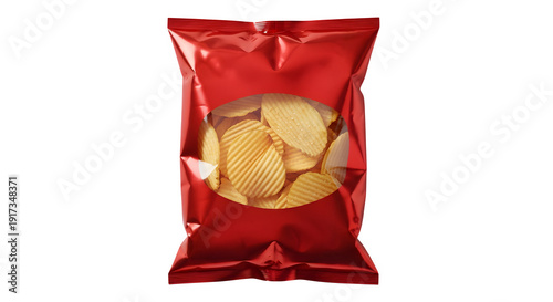 Delicious potato chips in a red snack packaging bag
