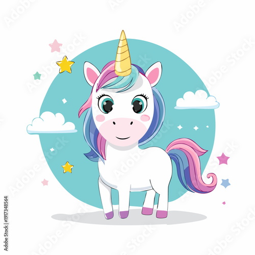 Peaceful pastel unicorn stands serenely amidst whimsical surroundings, a high-quality photorealistic illustration viewed from the front