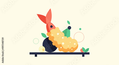 Illustrated tempura shrimp on serving dish
