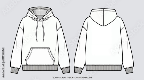 Technical flat sketch of oversized hoodie with drawstring and kangaroo pocket showing front and back views, concept for fashion design, apparel manufacturing and clothing tech pack