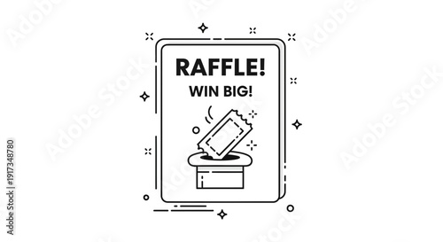 Raffle ticket falling into magic hat with text "RAFFLE! WIN BIG!"