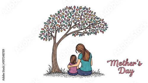 High-quality black outline colorful art of a mother and child sitting under a tree, peaceful bonding moment for Mother’s Day