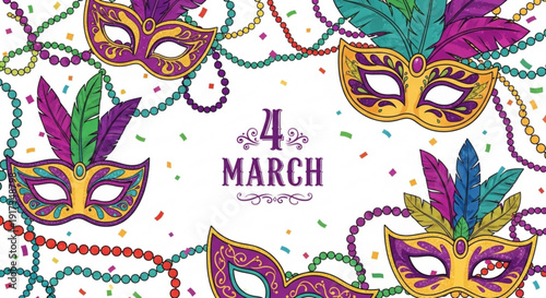 Mardi gras masks and beads on white background with colorful confetti and date