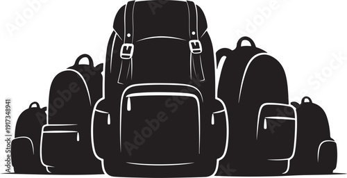 Collection of various backpacks in black and white illustration