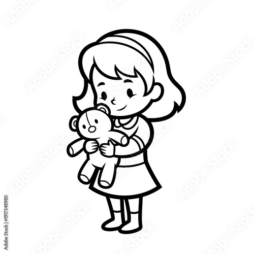 Young girl holding plush toy and smiling in a playful manner  