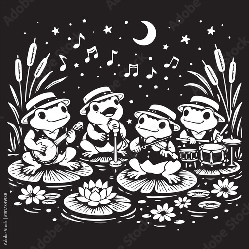 A playful vector art of four cute frogs forming a band on lily pads, joyfully playing music by the lake, creating a whimsical, lively, and charming scene.