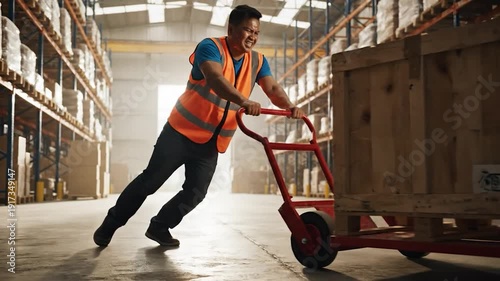 Warehouse worker straining to push a heavy wooden crate on a dolly.