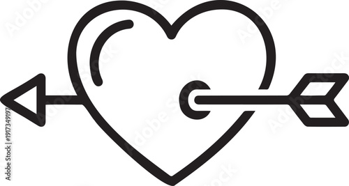 Heart with arrow line icon. A simple black outline vector illustration depicting a heart pierced by an arrow, symbolizing love, romance, and affection, isolated on a white background.