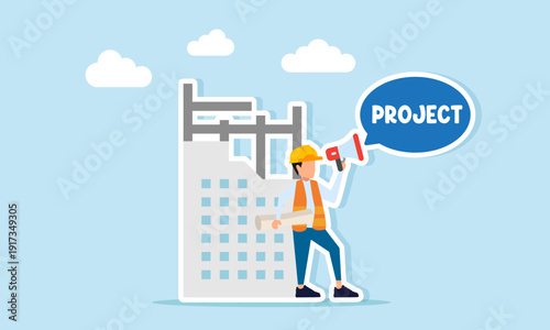Engineer near building construction progress using megaphone with project chat illustration of seeking new construction projects