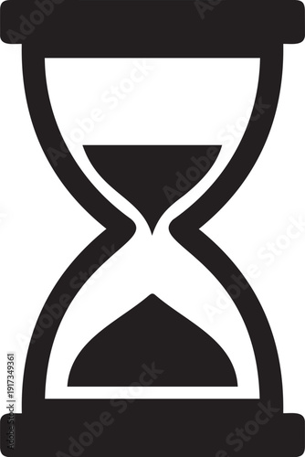 Hourglass vector icon representing time passing, sand flowing from the upper bulb to the lower bulb, symbolizing waiting, deadlines, or the measurement of duration. Created in a solid black