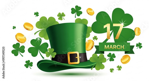 St patrick's day celebration with green hat shamrocks and gold coins on white background march 17th festive illustration
