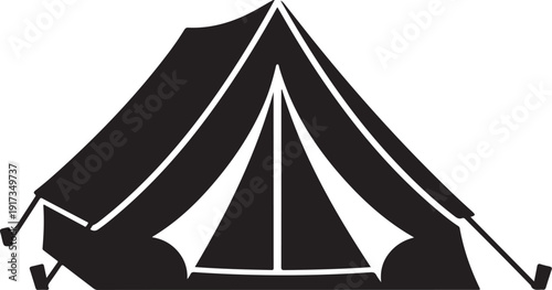 Black and white illustration of a camping tent setup