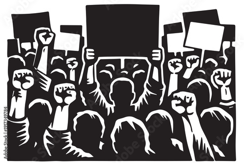 A vector illustration of a passionate crowd protesting together, raising voices and banners, expressing unity, courage, and the powerful spirit of the people.