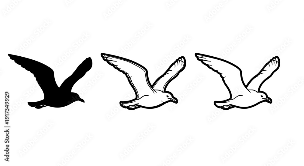 Obraz premium Collection of three distinct graphic representations showcasing a seagull in mid-flight including a solid silhouette a simple outline and a colored cartoon style illustration