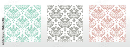 Wallpapers in the style of Baroque.. Set of colored floral ornaments. Seamless vector backgrounds Graphic patterns for fabric, wallpaper, packaging. Ornate Damask flower illustration