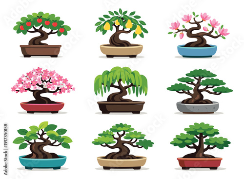 Cartoon style bonsai tree set featuring various miniature trees with fruit and flowers for nature and gardening designs