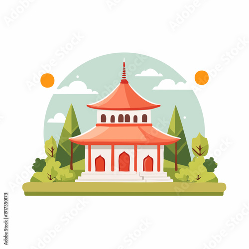 Vibrant flat illustration of a traditional Asian temple with red roofs nestled among green trees and bushes under a clear sky