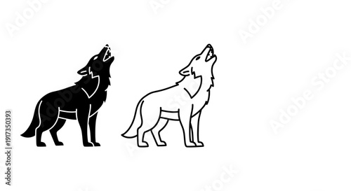 Collection of three stylized wolf illustrations depicting the iconic howling pose available in solid black outline and full color variations
