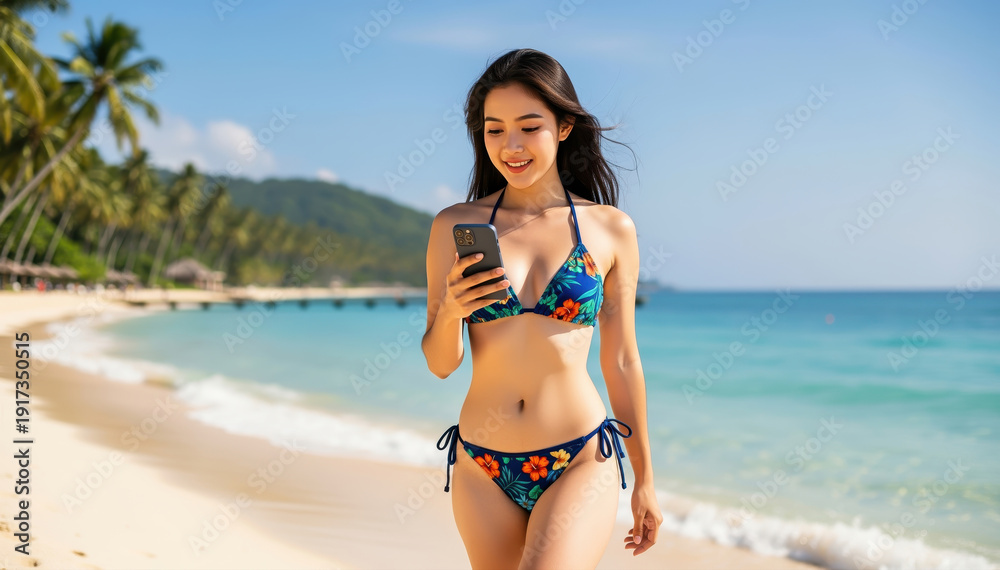 Fototapeta premium Beach Bliss and Mobile Moments: A woman strolls along a sun-kissed beach, her attention momentarily captured by her phone, embodying a perfect blend of relaxation and connectivity.