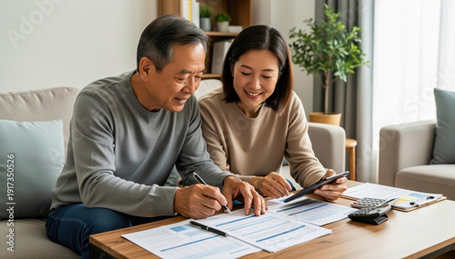 Financial Planning at Home: A couple meticulously reviews financial documents at home, a scene of domesticity, illustrating the couple's financial wellness. 