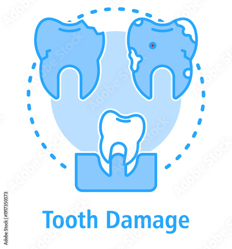Tooth Damage blue concept icon with Broken Tooth, Bad Tooth, Loose Tooth.