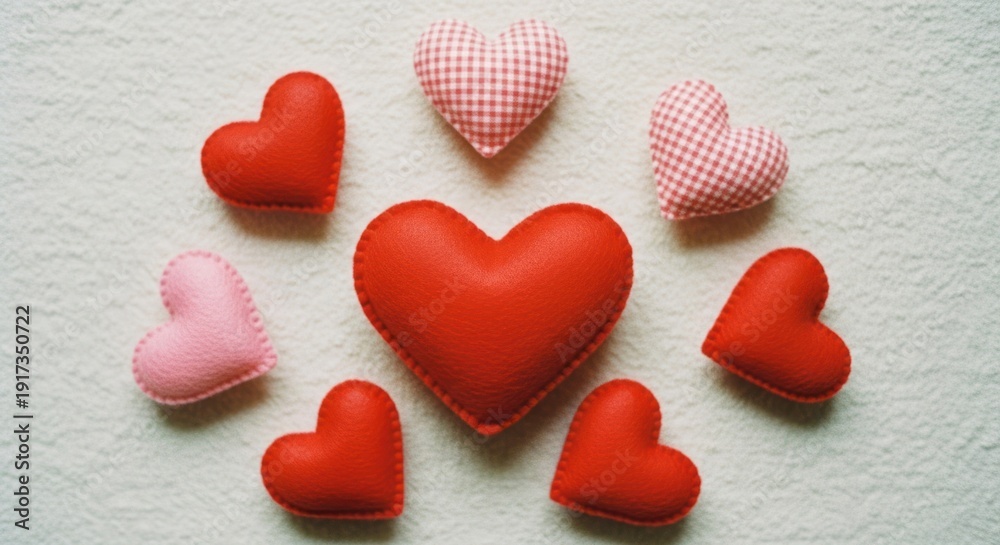 Fototapeta premium Array of colorful stuffed hearts arranged on a textured white surface, creating a visual display