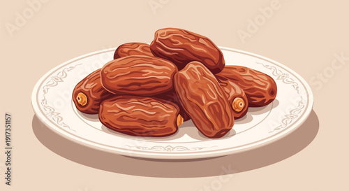 Pile of dried dates on porcelain plate vector illustration design