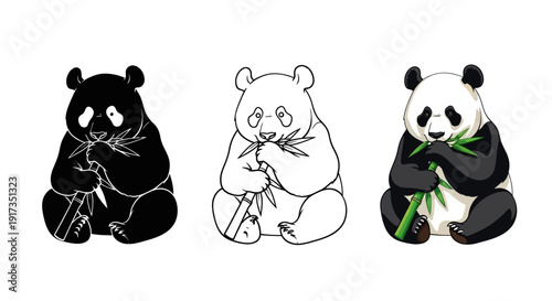 Set of three cute cartoon giant panda illustrations showing different graphic styles including full color silhouette and outline variations eating bamboo shoots.