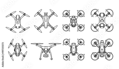 Aerial drone top view icons quadcopter UAV technology outline vector pack