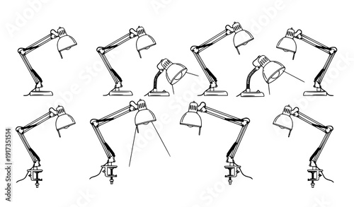 Articulated desk lamp poses collection adjustable task light linear vector set
